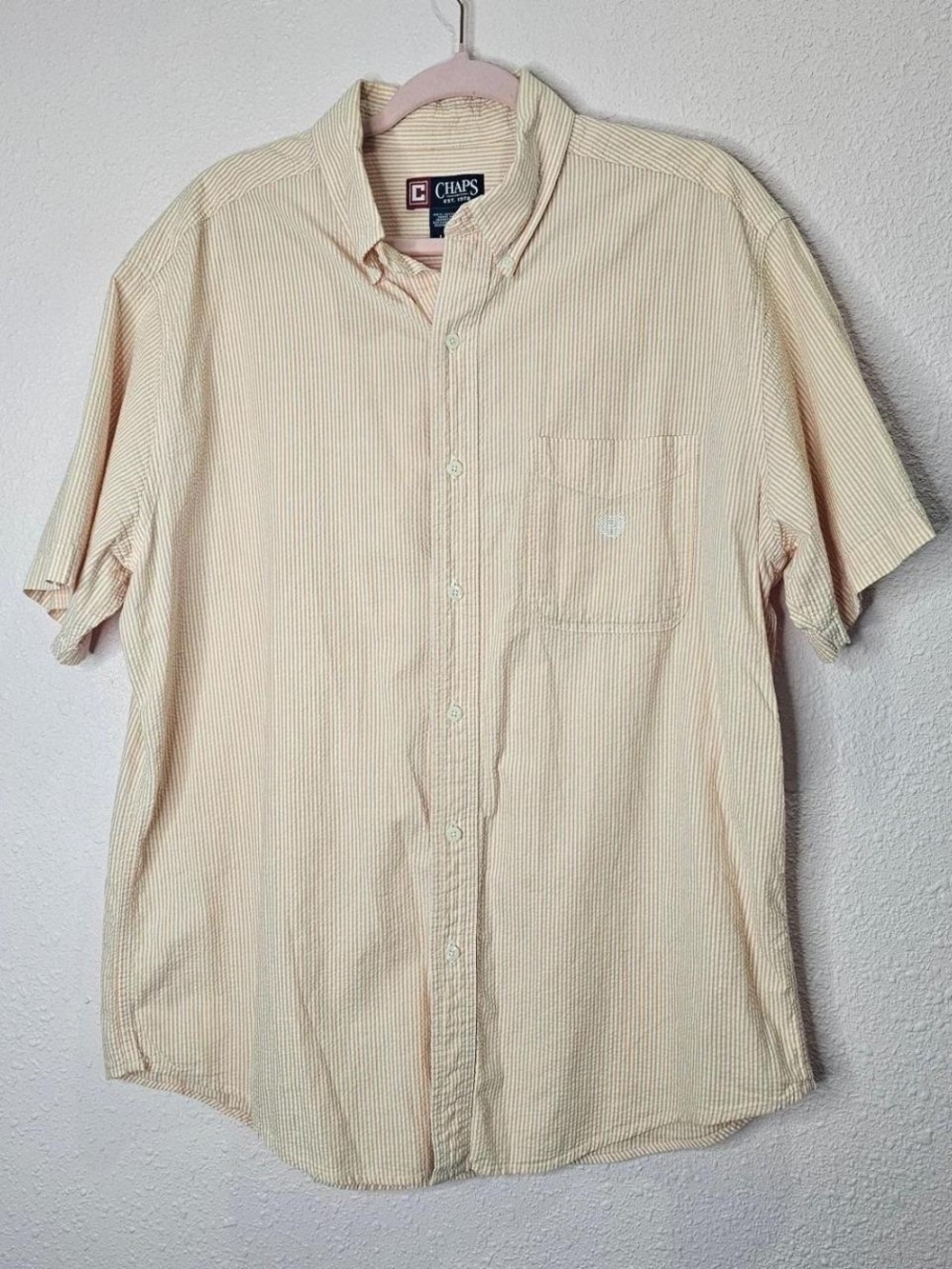 Chaps Men's Short Sleeve Button-Down Shirt - Light Peach and White Stripe